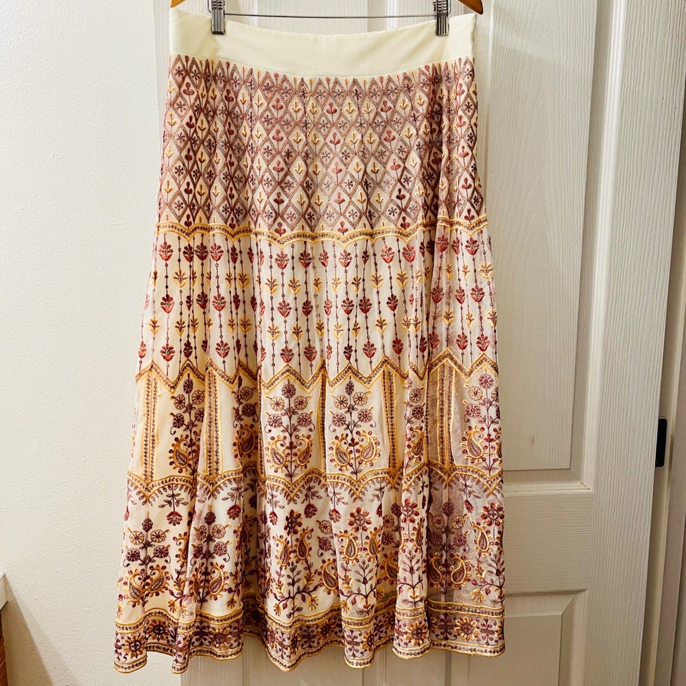 Soft Surroundings Embroidered Maxi Skirt Womens L Cream Boho Sequin‎ Mesh 2FU05